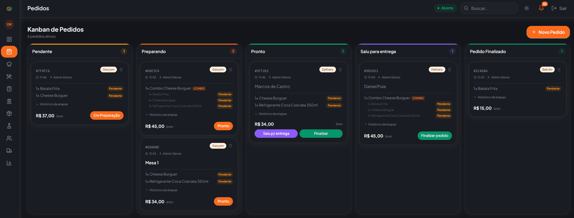 Kanban de pedidos em tempo real no Gustoo